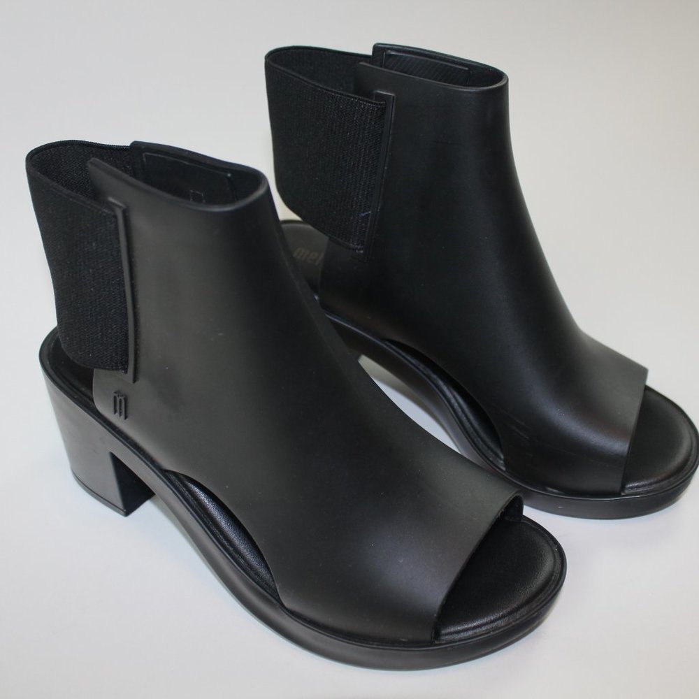 Melissa Black Dance Peep Toe Elastic Ankle Booties PVC Womens Shoe Size 5 - Picture 2 of 10